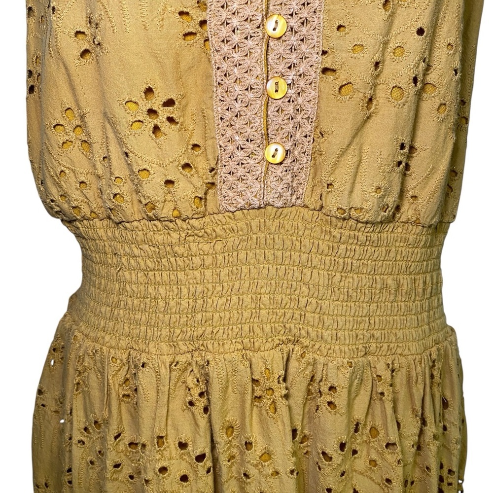 J Gee Mustard Yellow Boho Eyelet Tiered Midi Dress - Smocked Waist, V-Neck - Picture 5 of 16